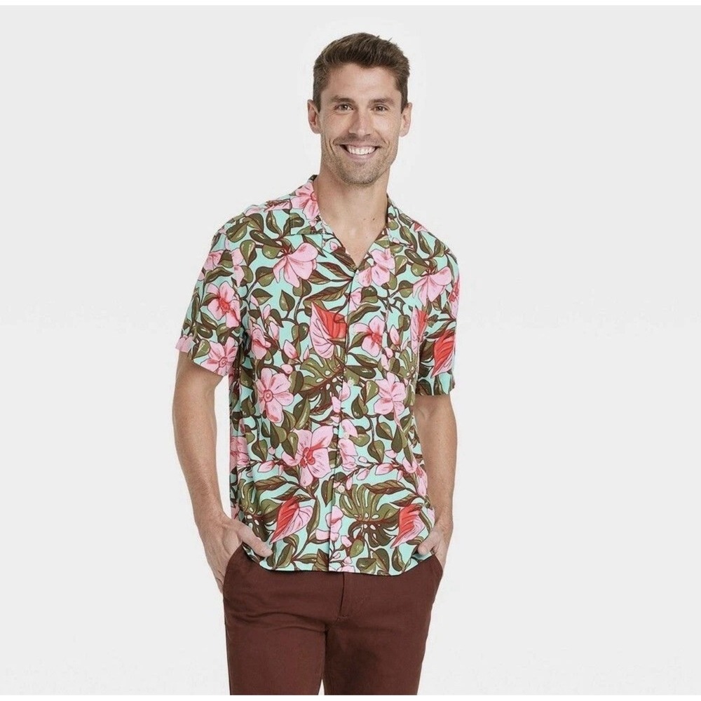 Goodfellow  Men's Floral Print Collared Button-Down Shirt, Green, Small MC4-3